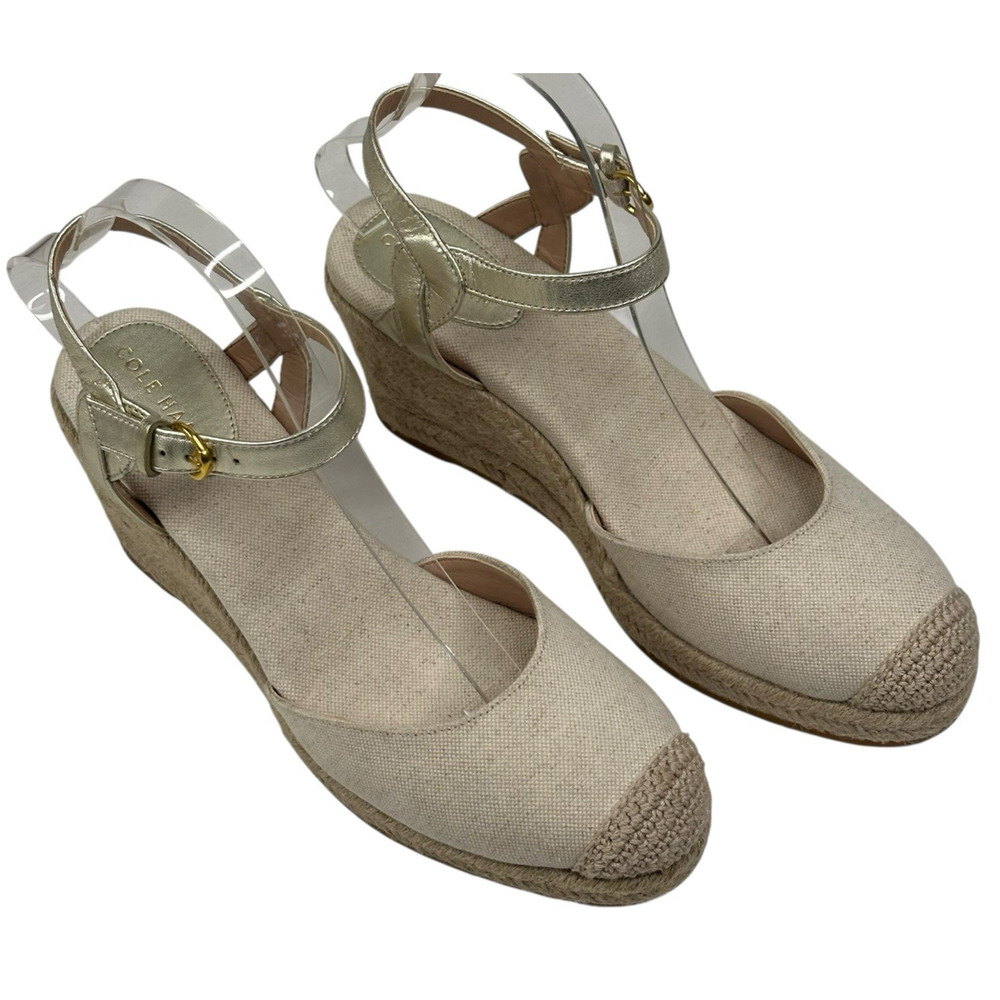 Cole Haan Cloudfeel Espadrille Wedge Natural Linen/Gold Leather Size 9.5B New